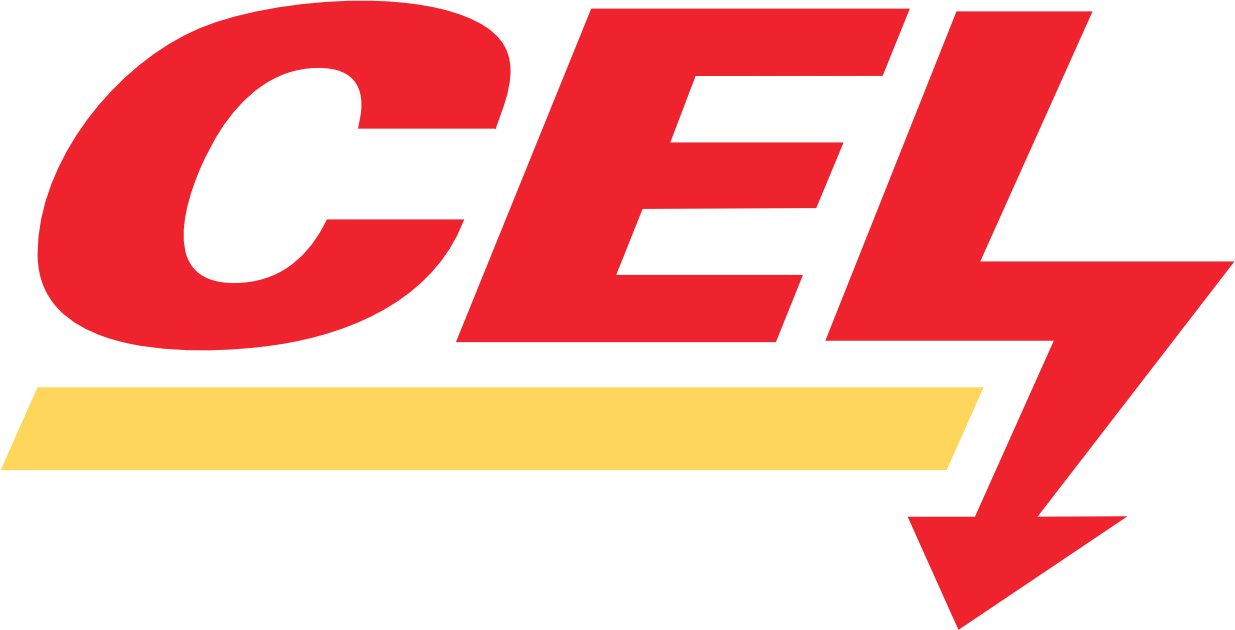 Logo simplifié de CEL SA avec le nom finissant par un éclair et le nom est souligné.