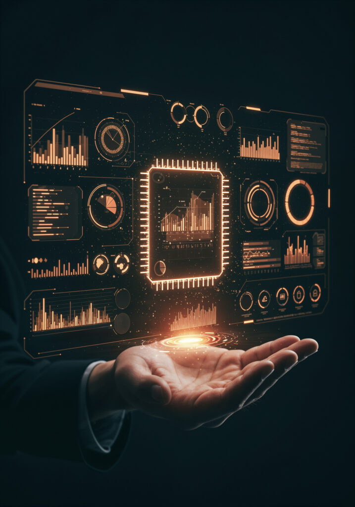 Image d'un hologramme avec des statistiques qui flotte en dessus d'une main